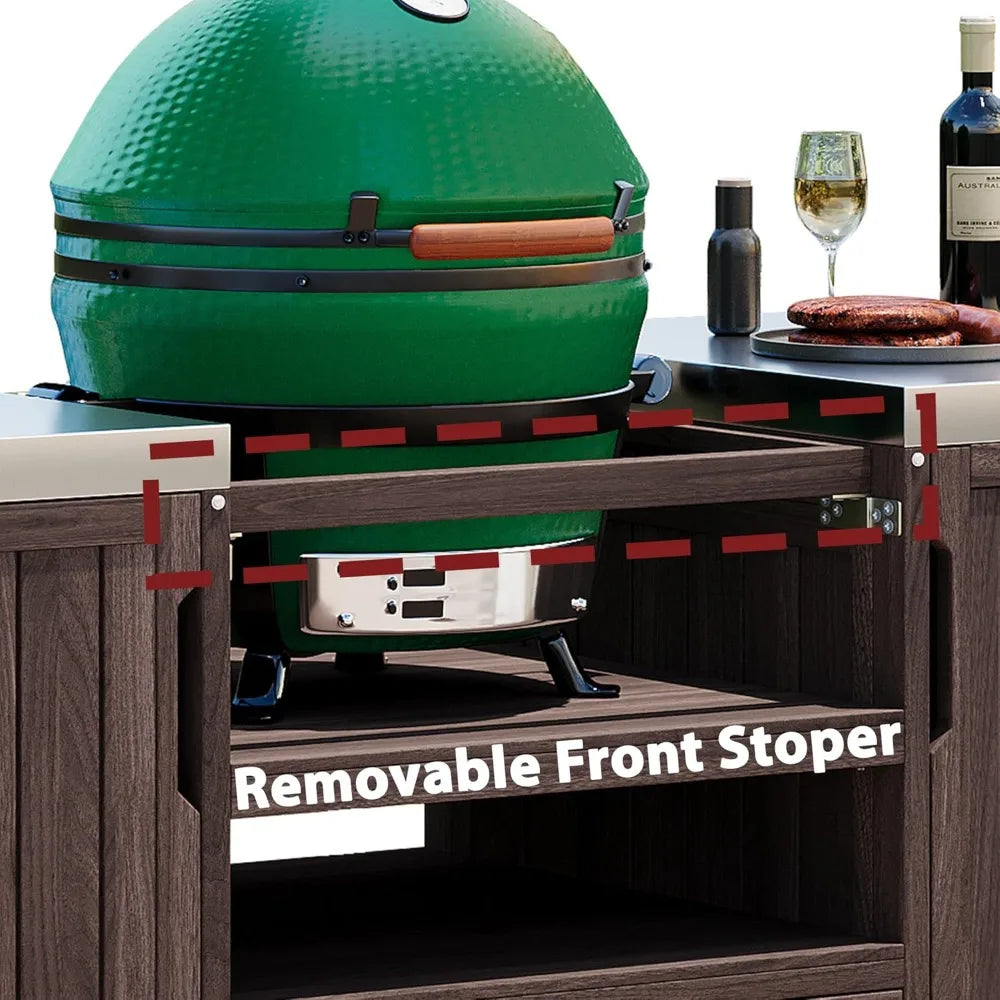 Outdoor Kitchen Island Big Green Egg Grill Table Solid Wood Rolling