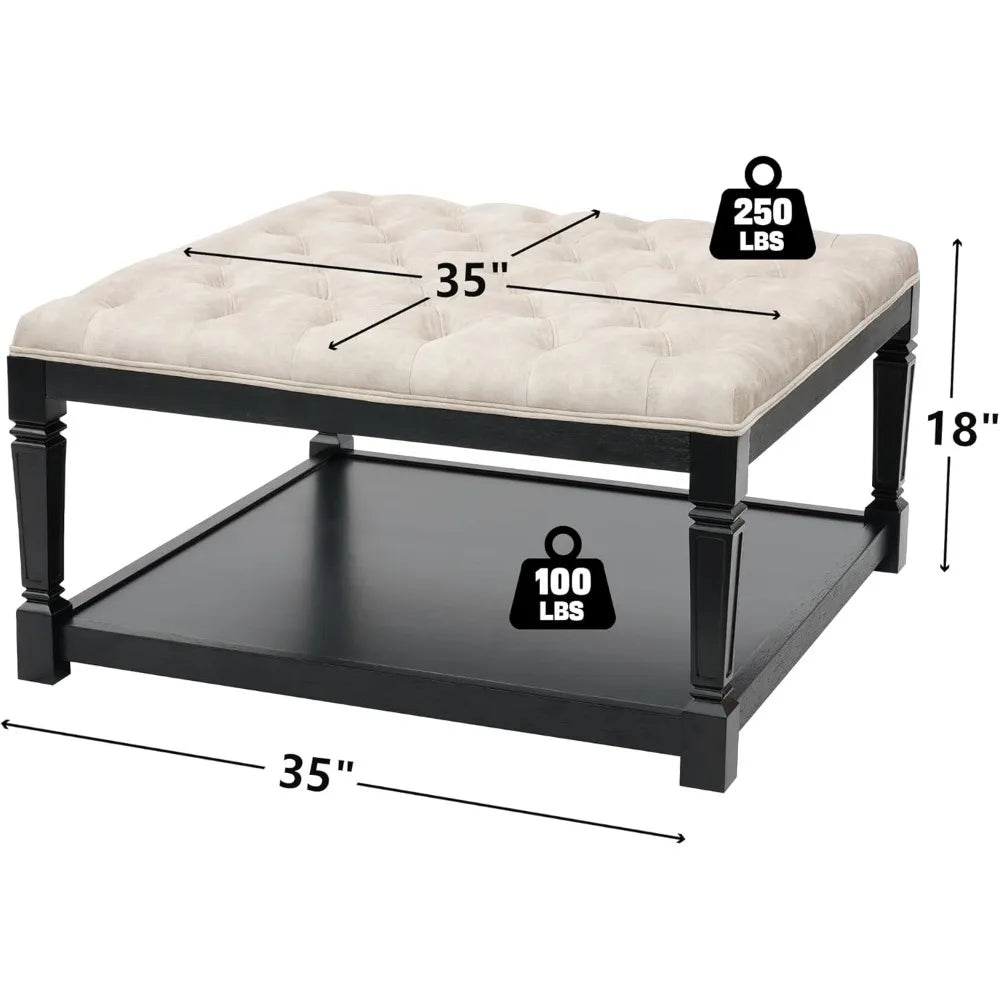 Large 35 Inch Square Storage Ottoman Coffee Table with Tufted Top