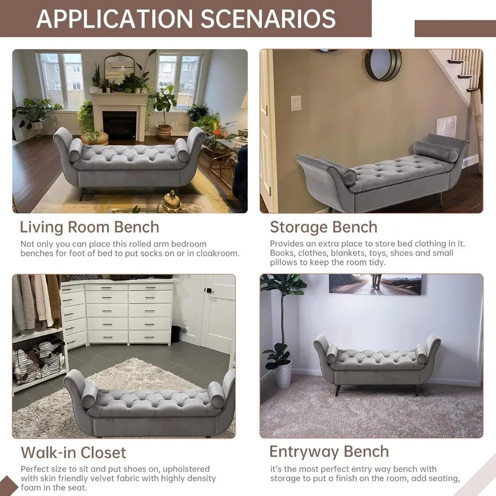 65 Inch Velvet Tufted Storage Bench Ottoman for Bedroom Entryway