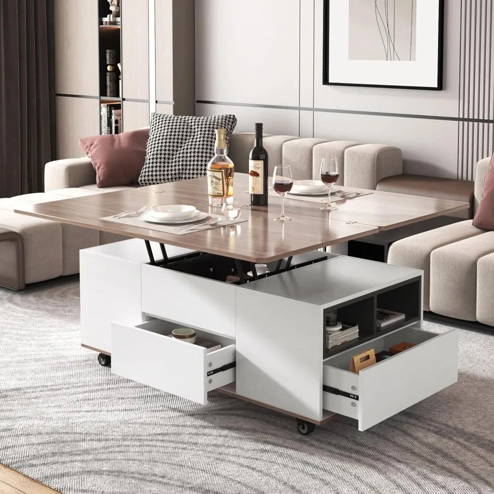 Modern Walnut Lift Top Coffee Table with Drawers and Shelves