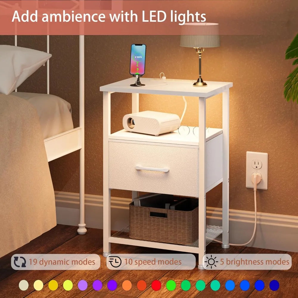 Nightstands Set of 2 with Charging Station LED Light Strip Drawer
