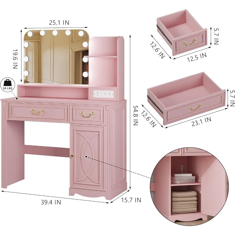Makeup Vanity Desk with Lighted Mirror and Power Outlet for Bedroom