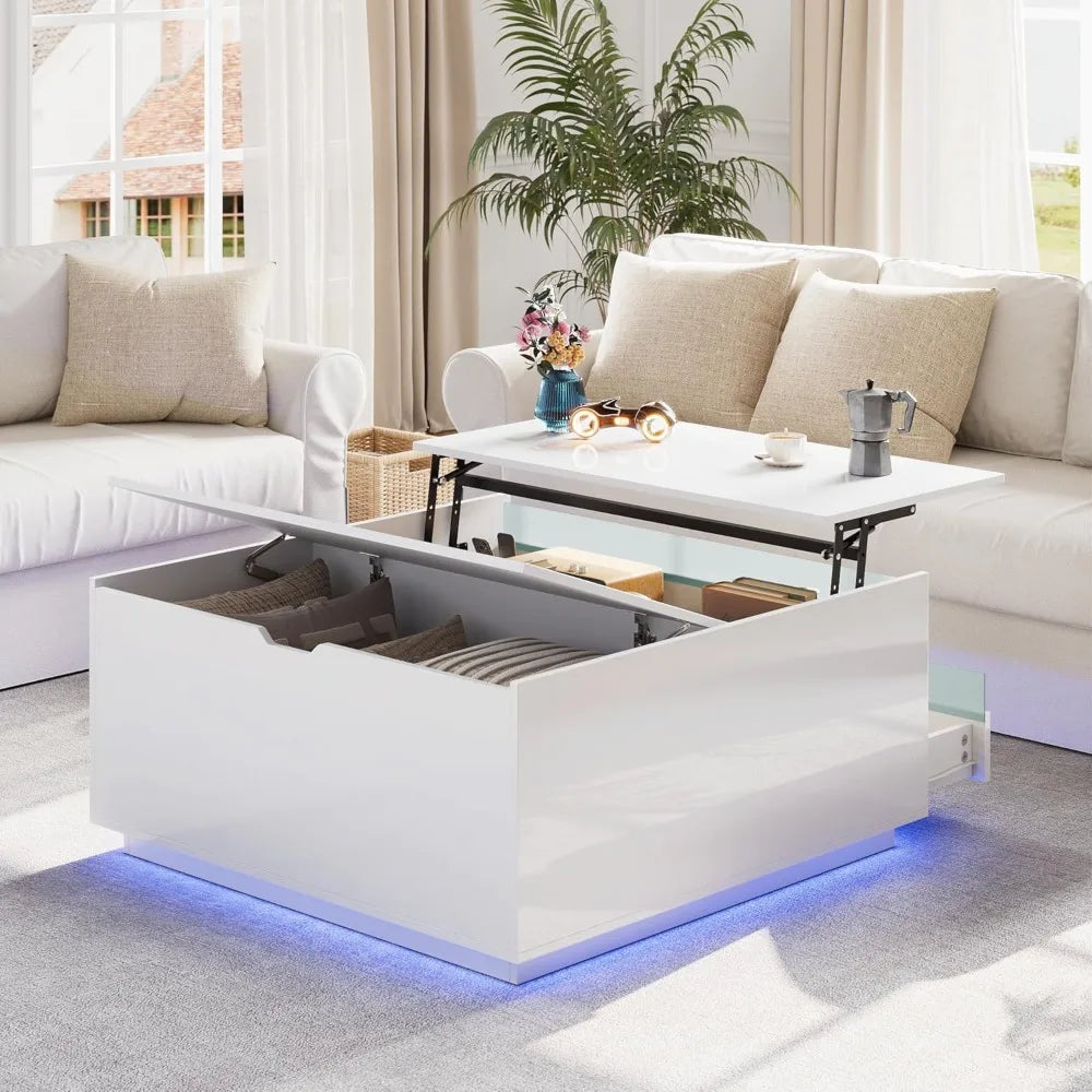 High Gloss Coffee Table with Storage Lift Top LED Modern Design