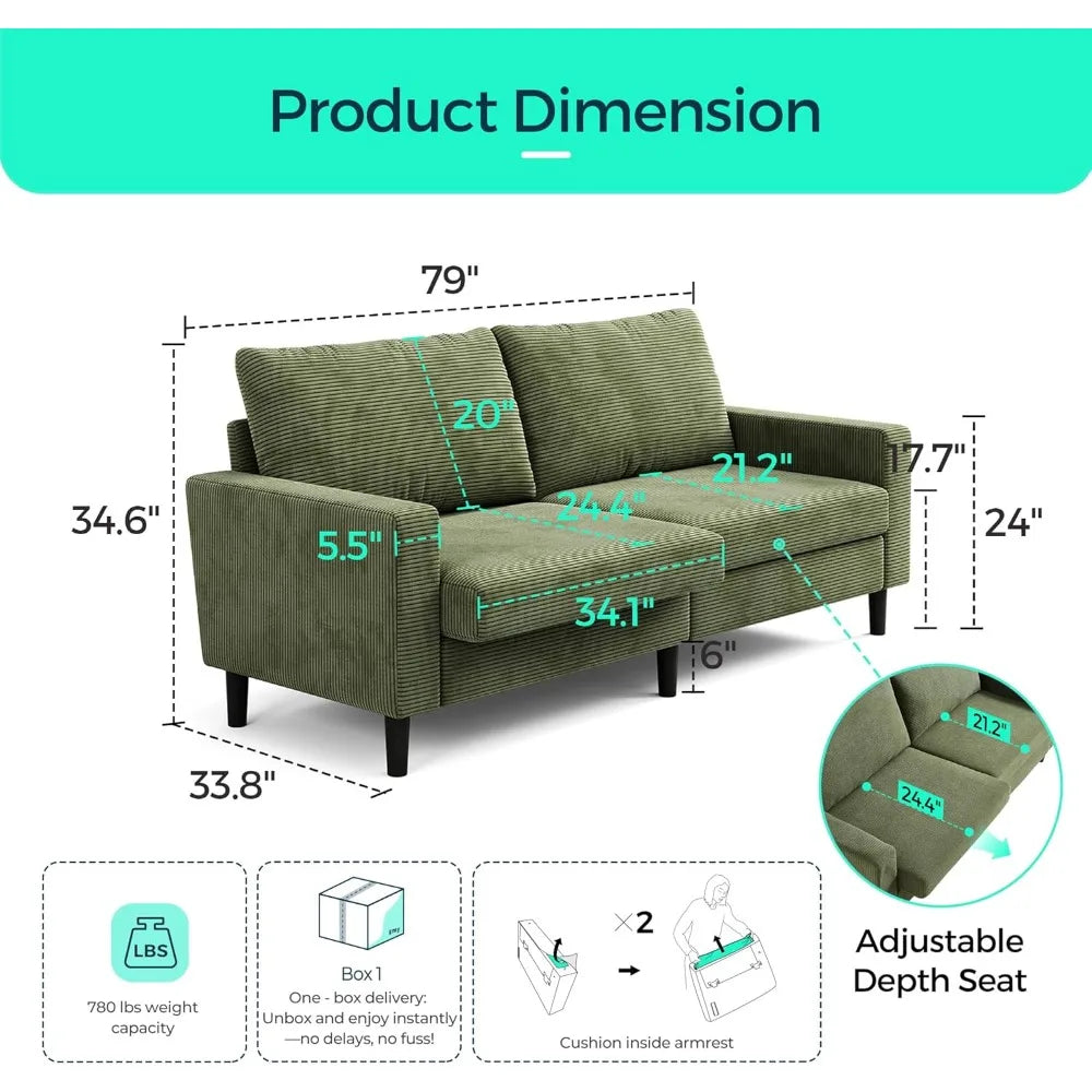 79" Corduroy Loveseat Sofa, Adjustable Seat Depth, Green Couch, Comfy 2–3 Seater