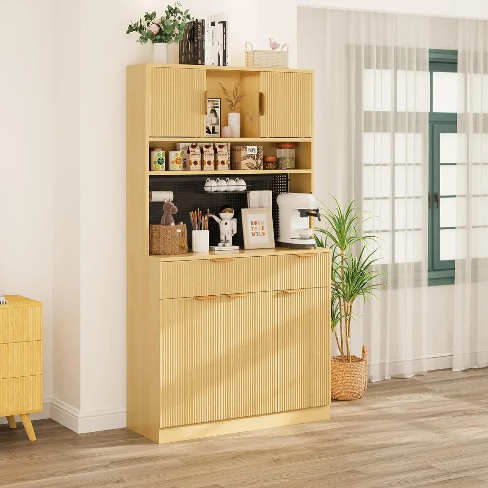 Kitchen Pantry Cabinet with Countertop Power Outlet Adjustable Shelves