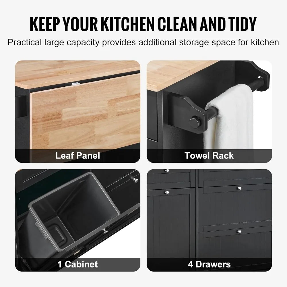 Kitchen Island Cart Wood Top Breakfast Bar with Trash Cabinet Storage