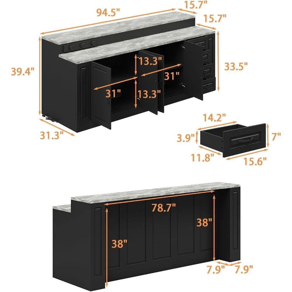 Ljustra 94.5" Large Bar Table Kitchen Station with Charging Station & Drawers
