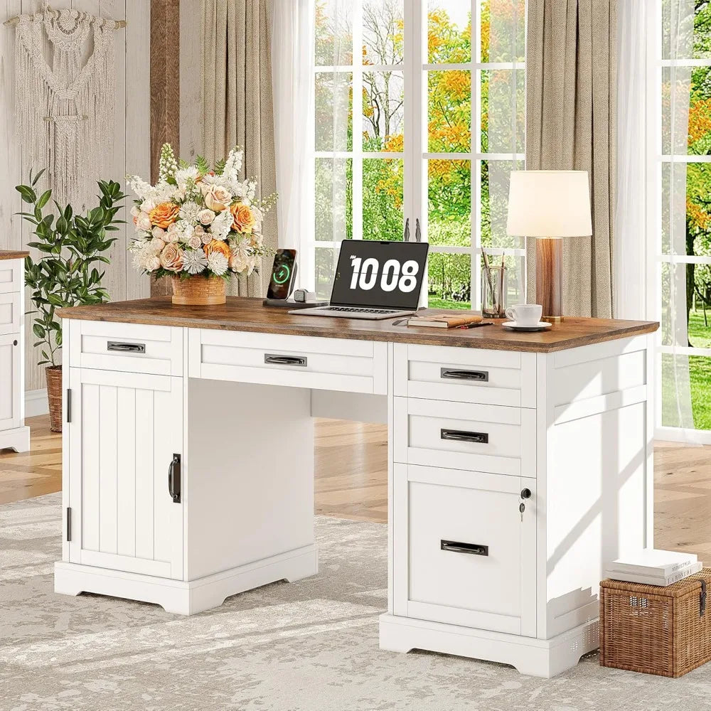 55 Inch Farmhouse Desk with Drawers Charging Station for Home Office