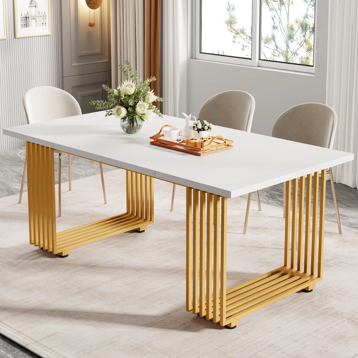 Ljustra 63 Inch Dining Table Rectangular Kitchen Faux Marble Modern Design