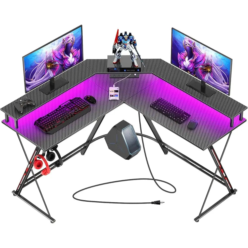 L Shaped Gaming Desk With LED Lights Power Outlets Monitor Stand
