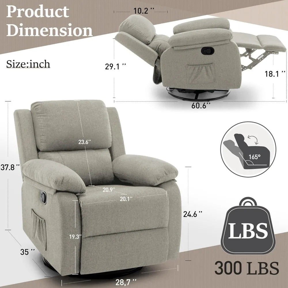 360 Swivel Rocker Recliner Chair for Small Spaces Upholstered Glider