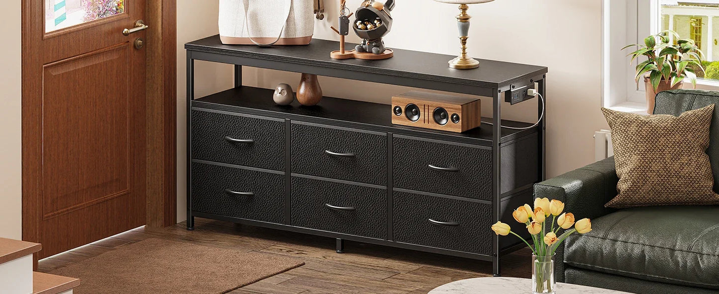 LED TV Stand 47 Inch Fabric Dresser with Power Outlets and 6 Drawers