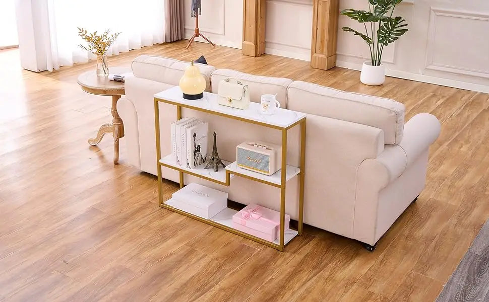Console Table Entryway Faux Marble Double Layer Sofa Table Gold Frame
