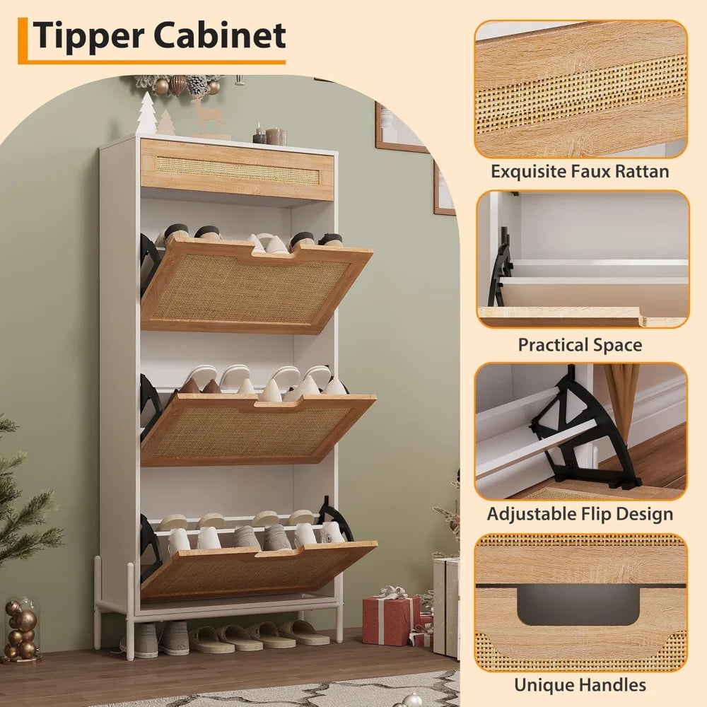 Shoe Cabinet Storage Organizer Rattan Entryway Freestanding Flip Drawers