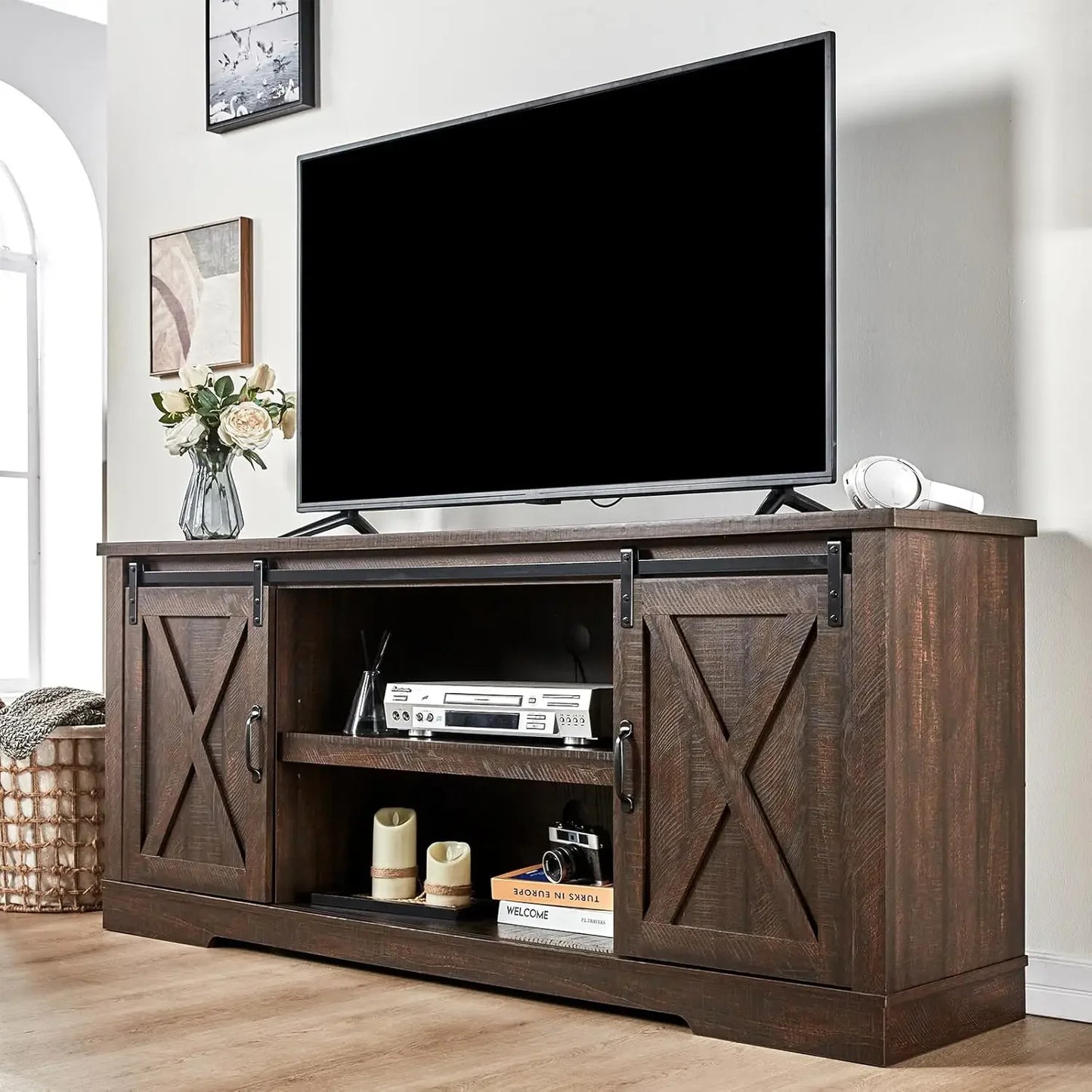 66 Inch Farmhouse TV Stand for 75 Inch TVs with Sliding Barn Door