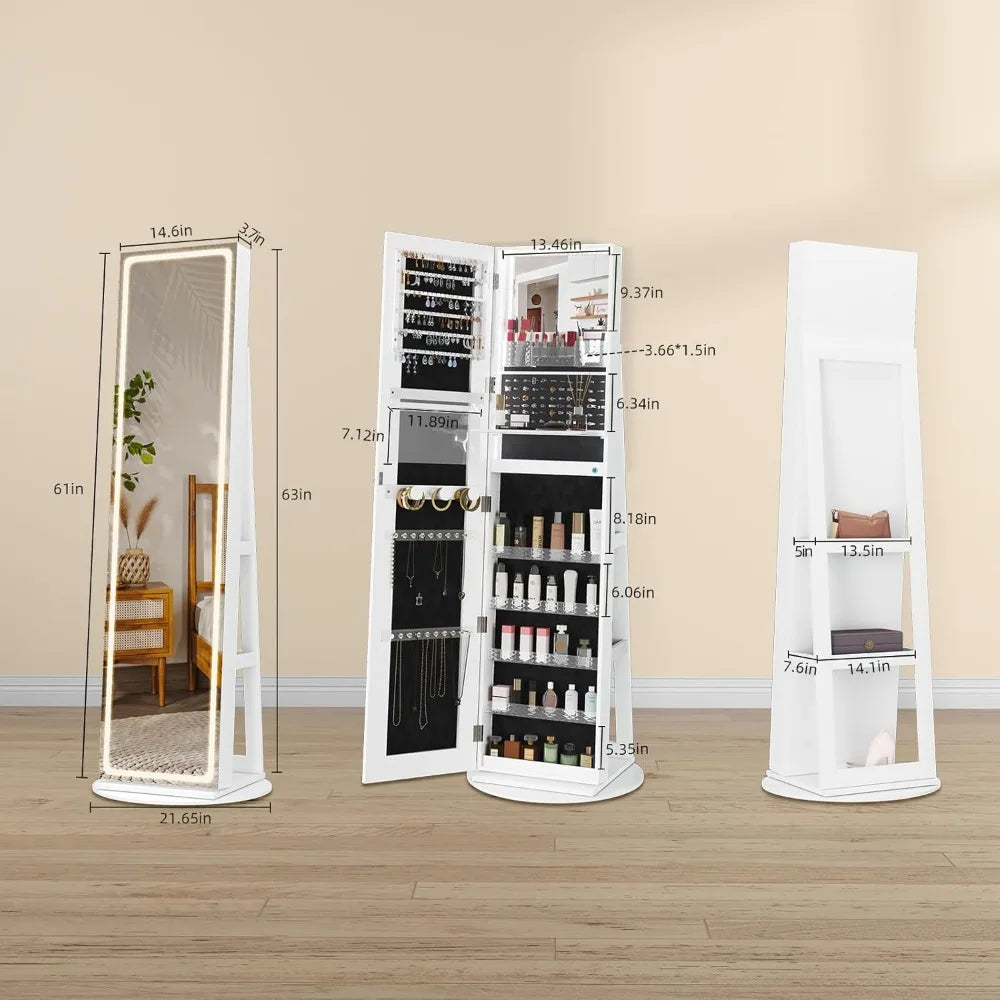 LED Mirror Jewelry Cabinet Full-Length Swivel Armoire with Lights