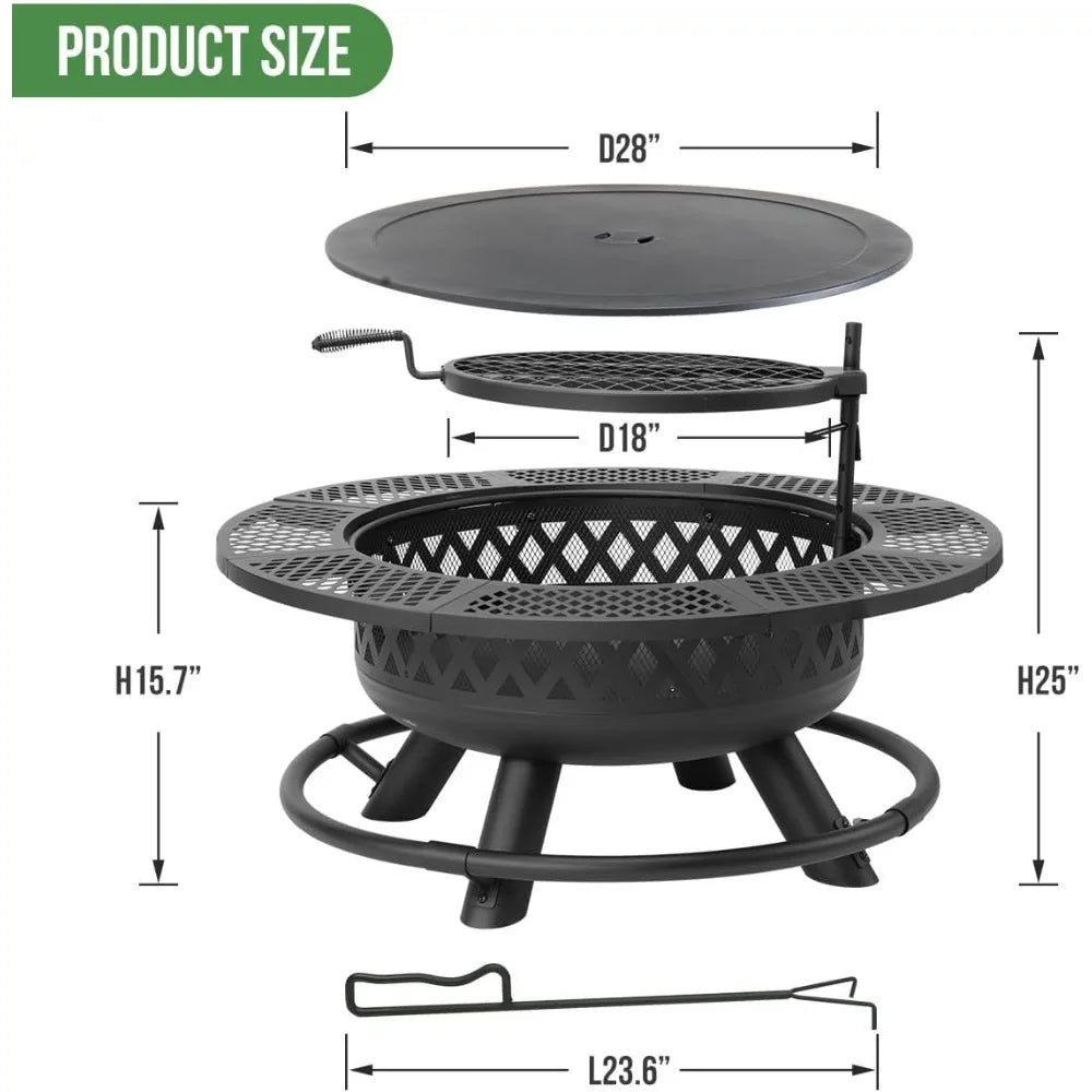 42 Inch Outdoor Fire Pit Table with Grill Wood Burning Metal Firepit