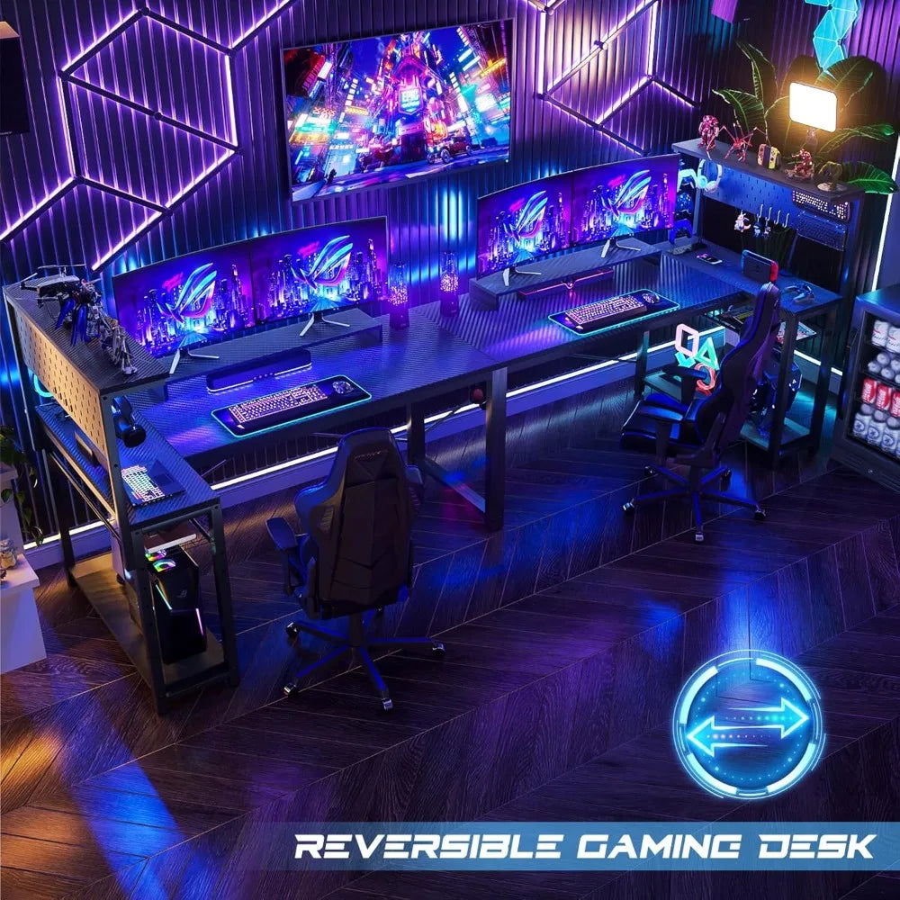 Small Gaming Desk with LED Light Storage Pegboard and Power Outlets