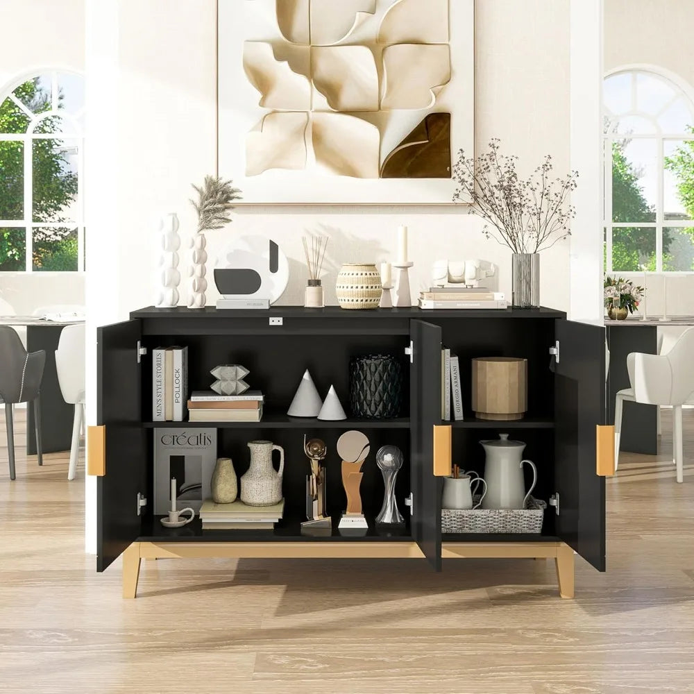 Black 47 Inch 3 Door Carved Line Storage Cabinet Sideboard Buffet