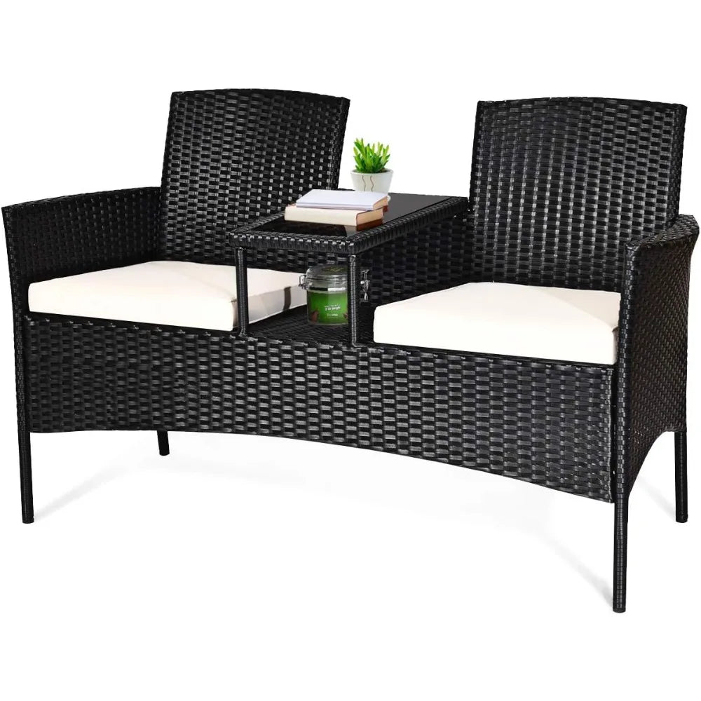 Garden Conversation Furniture Set Modern Rattan Bench with Cushions