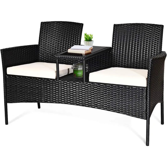 Garden Conversation Furniture Set Modern Rattan Bench with Cushions
