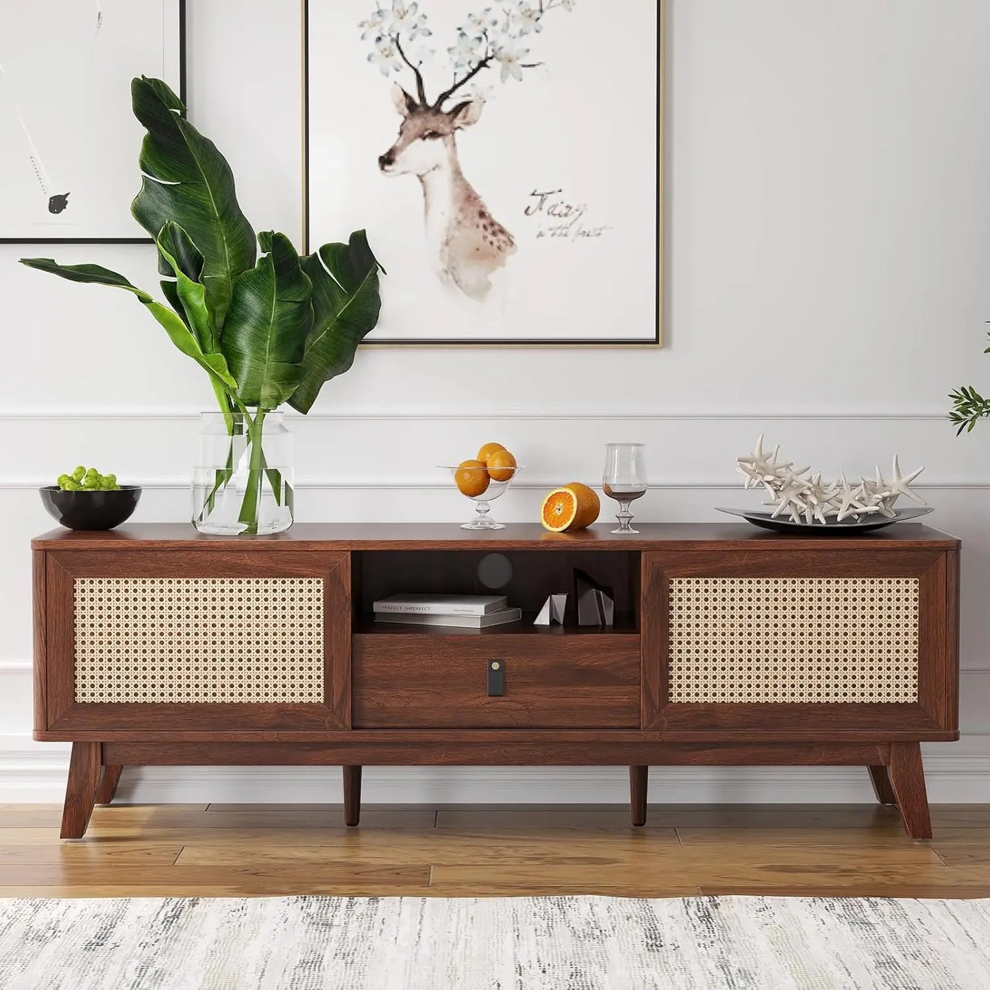 Rattan TV Stand Mid Century Modern Media Console with Drawer and Cabinets