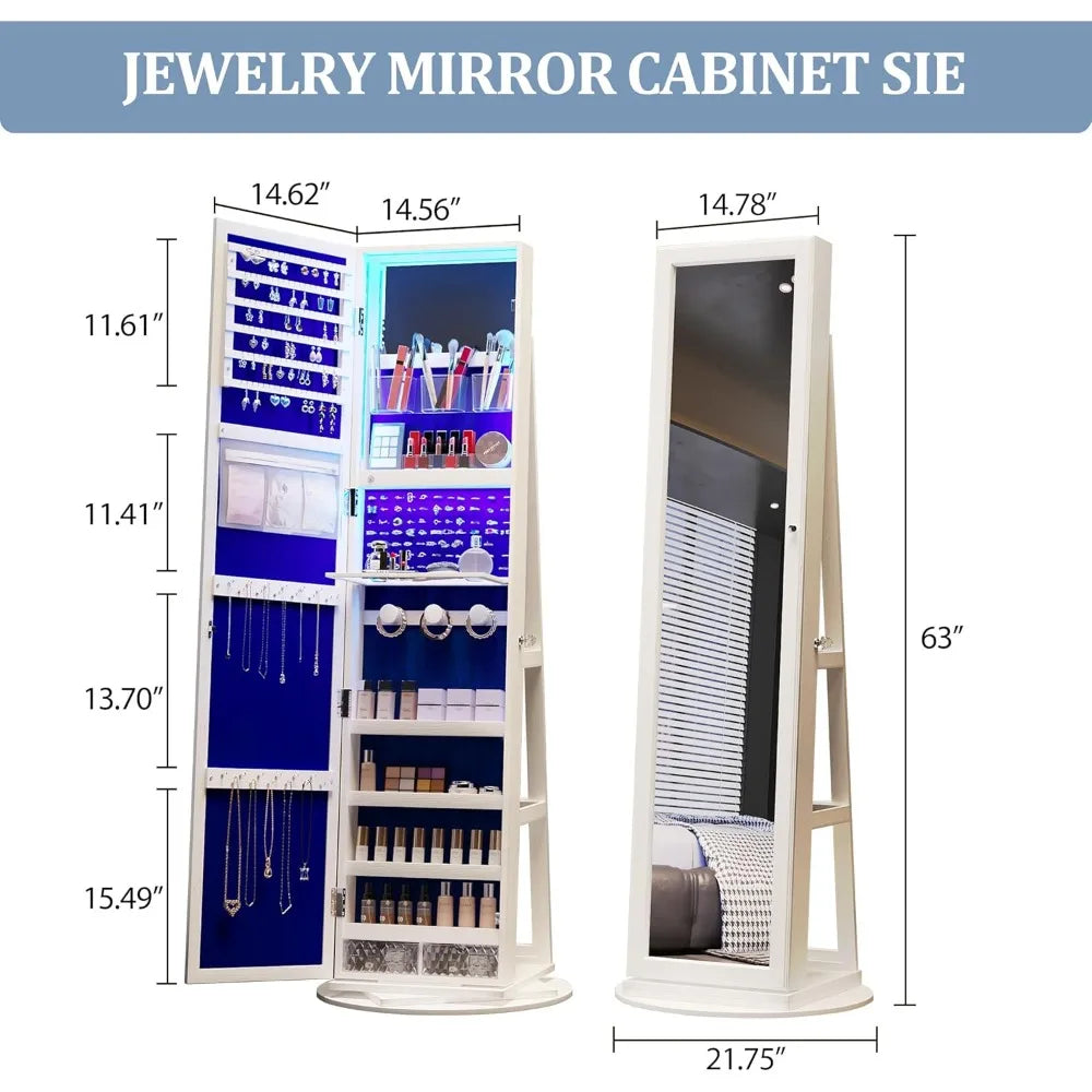 360 Degree Swivel Jewelry Armoire Lockable Cabinet with LED Light