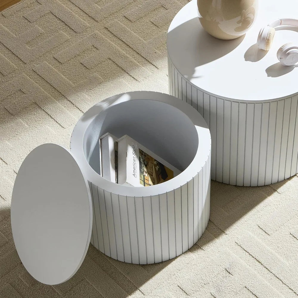 Round Nesting Storage Side Table Set of 2 Modern Wood Accent Tables