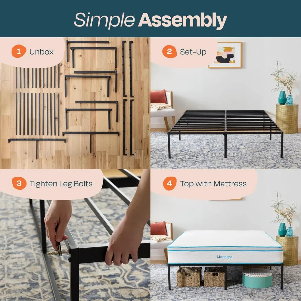 Folding Metal Platform Bed Frame Easy Assembly No Box Spring Needed