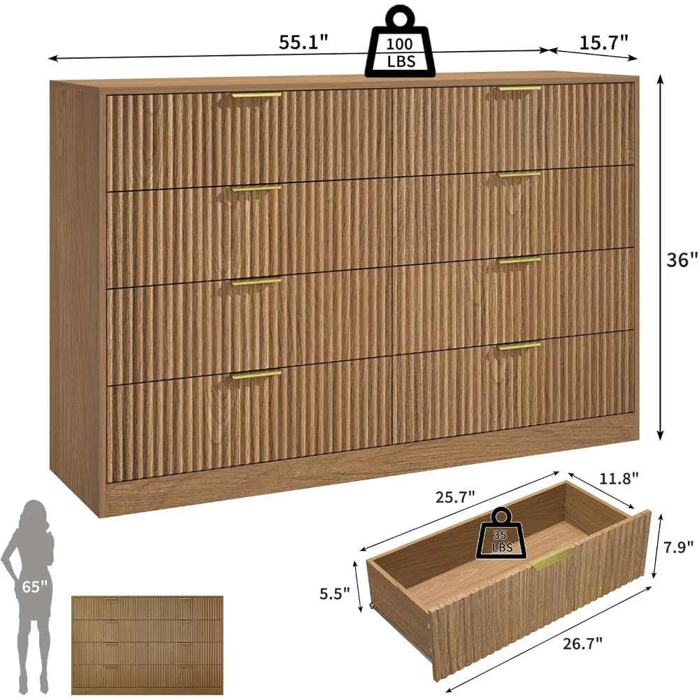 Dresser with 8 Drawers 55 Inch Wooden Mid Century Chest of Drawers