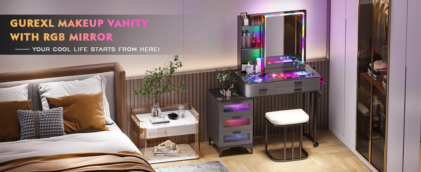 RGB Vanity Makeup Desk with 6 Drawers Smart Lighting and Charging Station