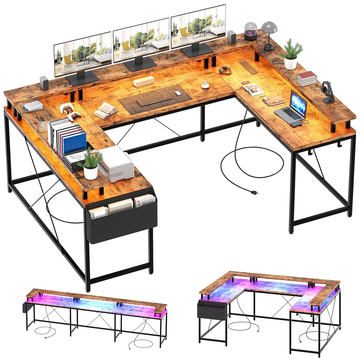 Modern L-Shaped Computer Desk with LED Lights Power Outlet and Shelves