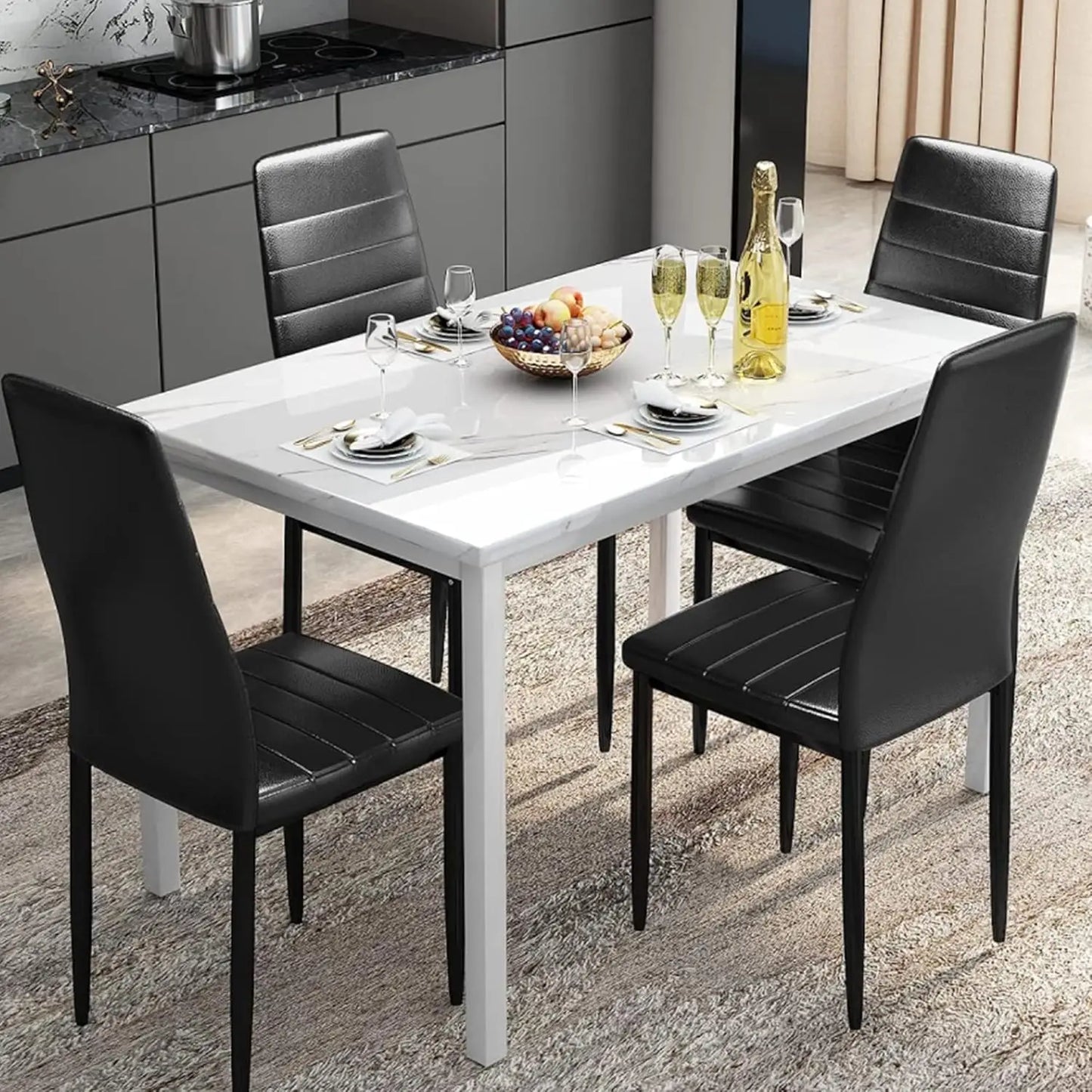 Dining Table Set for 4 Marble Top with Comfortable PU Leather Chairs