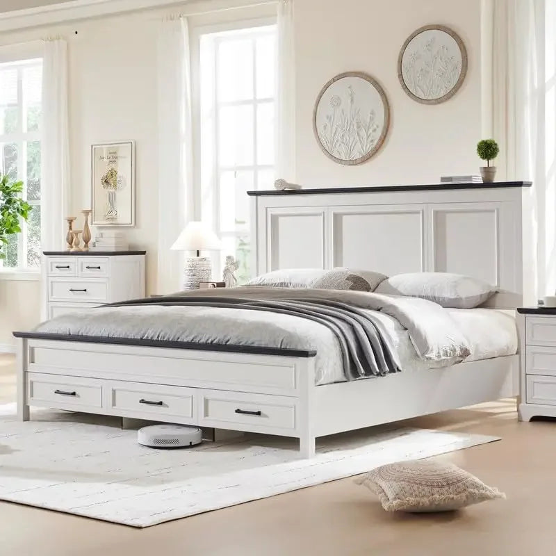 Farmhouse King Size Bed Frame with Tall Headboard and Storage Drawers