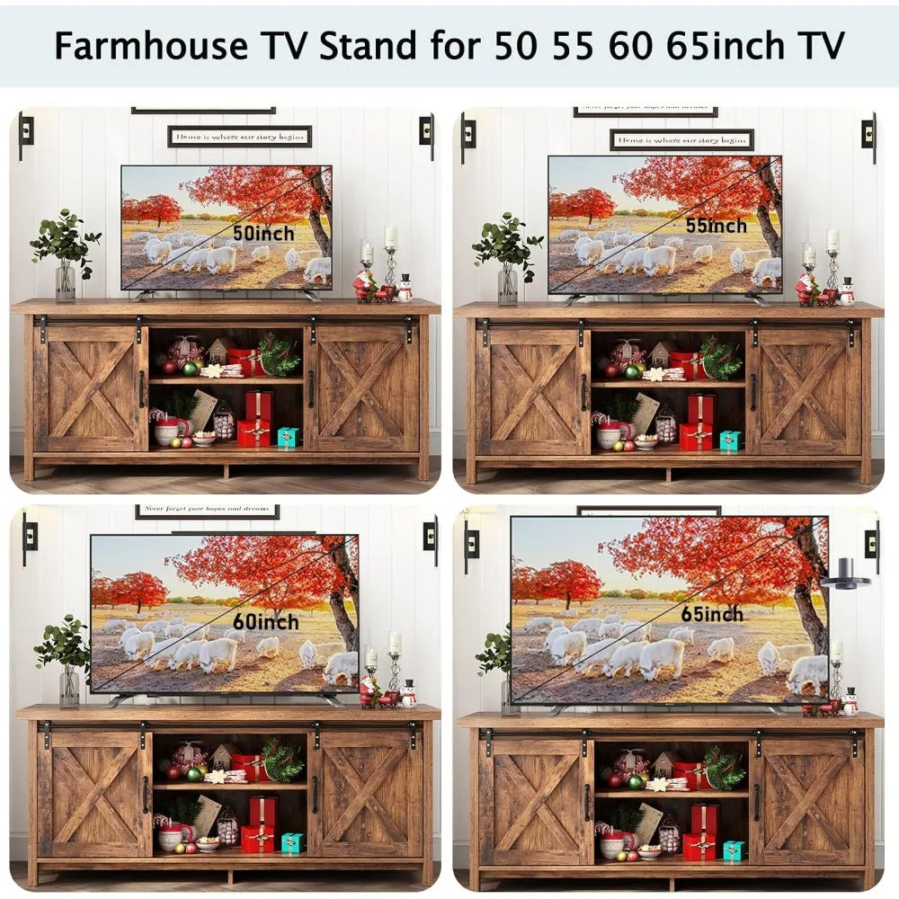 Farmhouse TV Stand for 50-65 Inch TV with Adjustable Shelves and Barn Doors