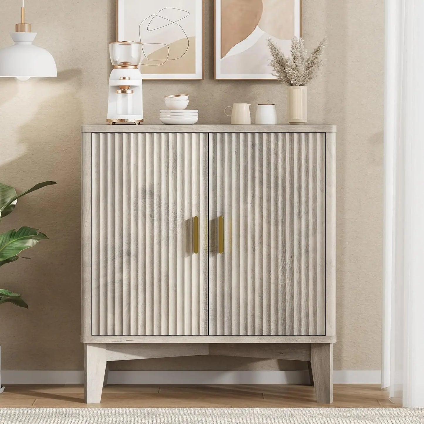 Fluted Sideboard Buffet Cabinet Storage Mid Century Modern Coffee Wine Bar