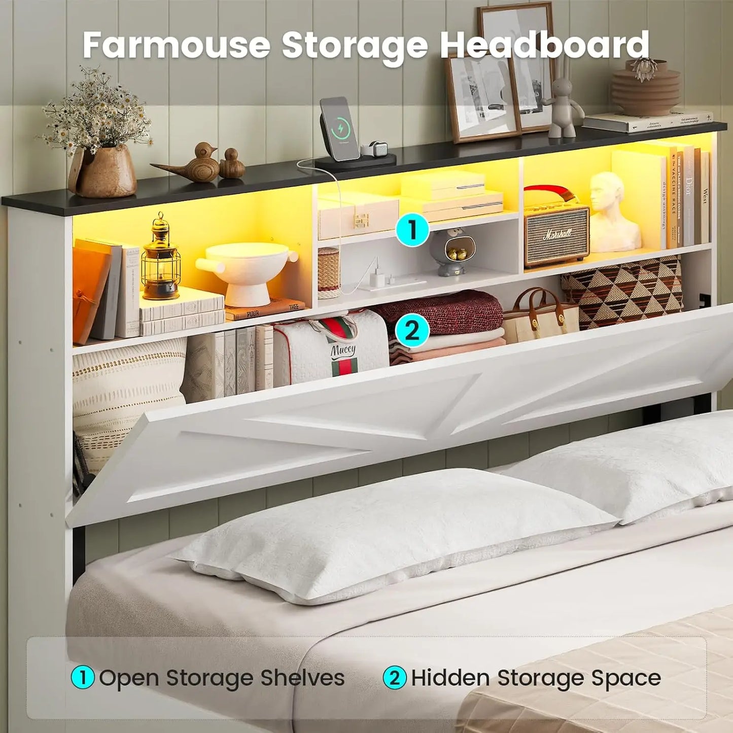 Farmhouse Queen Bed Frame with Storage Drawers and LED Lights