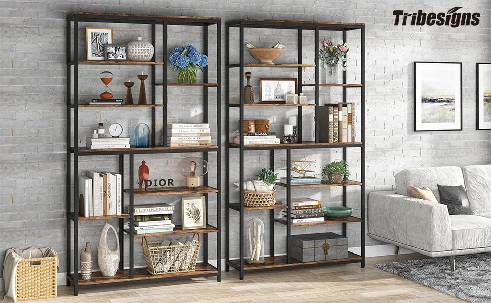 Ljustra Modern 8-Tier Staggered Bookcase Wide Wood Etagere Shelving Unit
