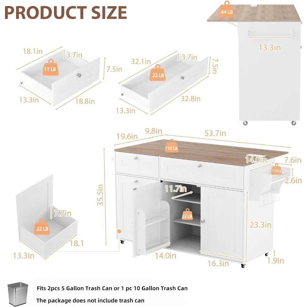 Kitchen Island with Storage Rolling Cart Drop Leaf Power Outlet