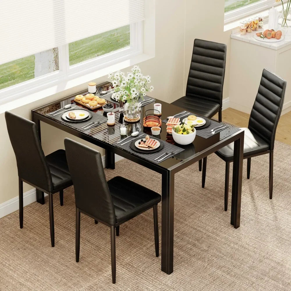 5 Piece Dining Table Set Glass Table PU Leather Chairs Black Modern
