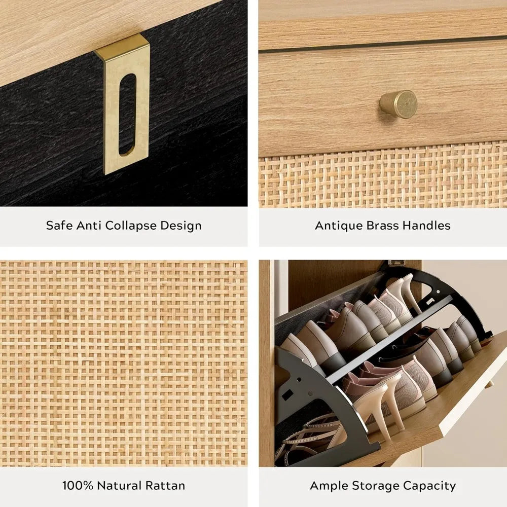 Rattan Shoe Cabinet Mid Century Modern Organizer Narrow Rack 2 Drawers