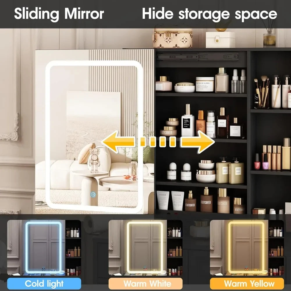 Makeup Vanity Desk with LED Light Sliding Mirror Jewelry Cabinet Storage