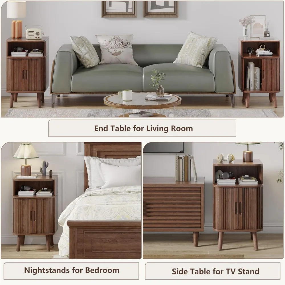 Fluted End Table Set of 2 Mid Century Modern Nightstand with Door