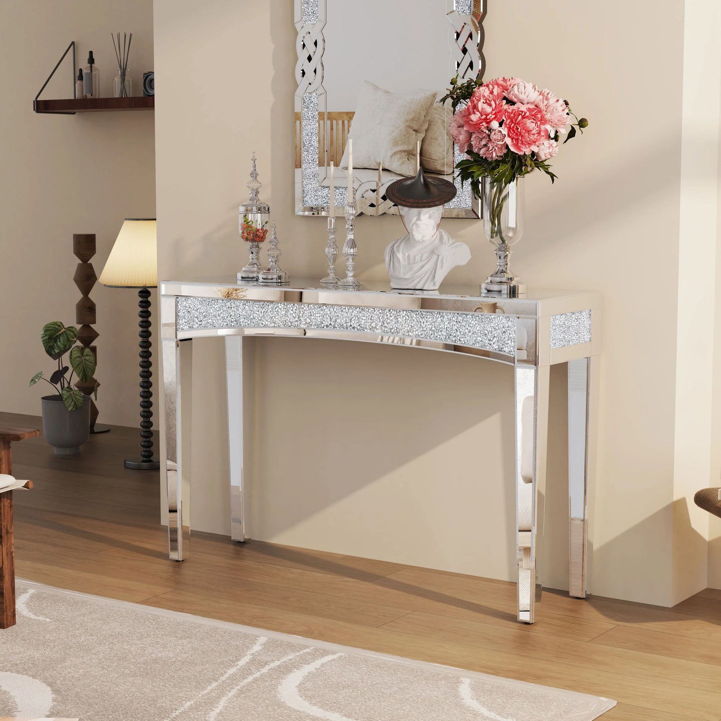 47.2 Inch Mirrored Console Table with Crystal Inlay for Living Room