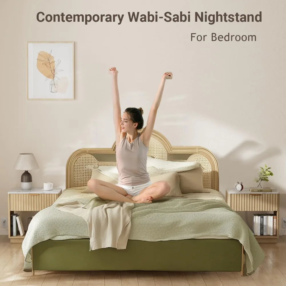 Fluted Nightstand Set of 2 with Charging Station and Faux Stone Top