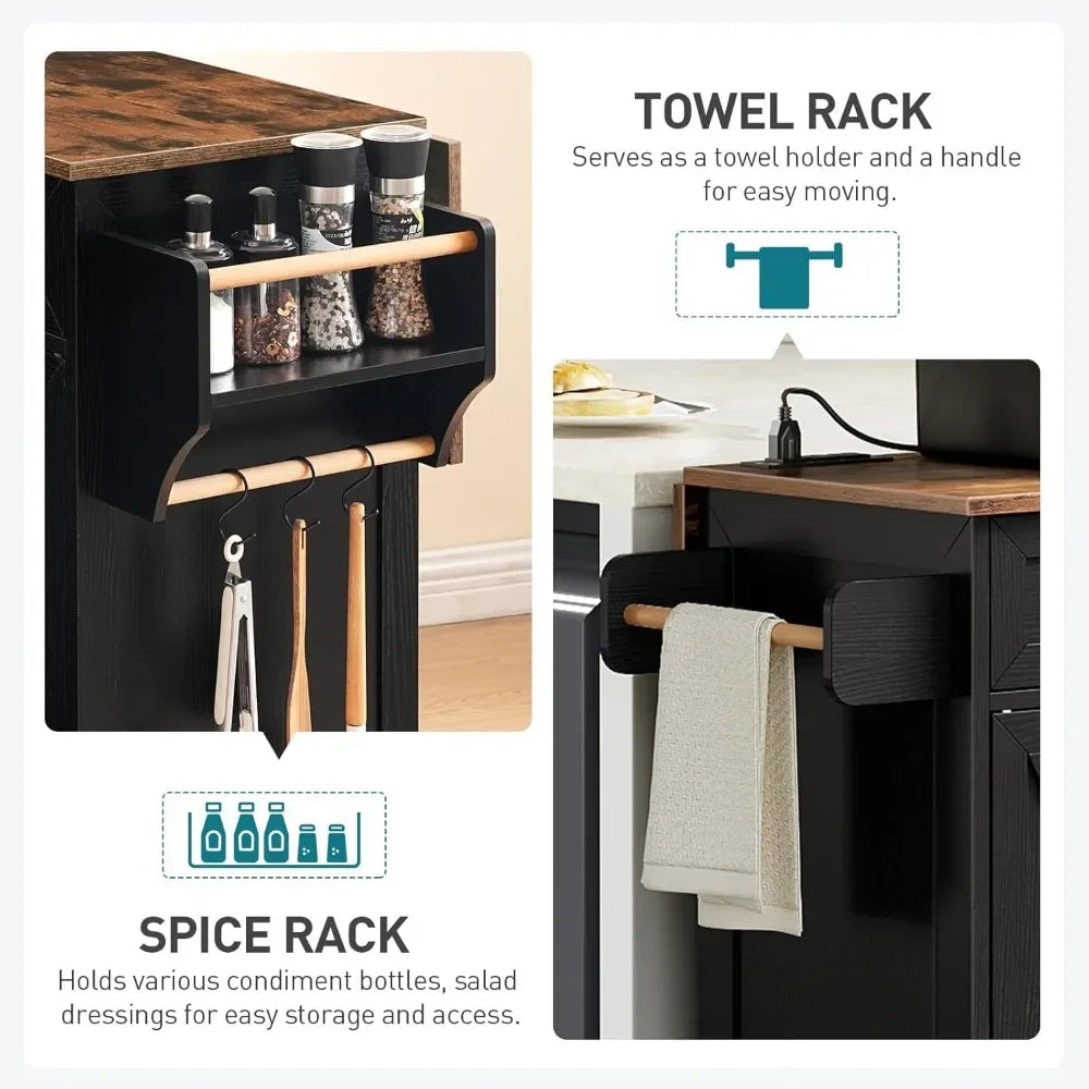 Kitchen Island with Drop Leaf Rolling Cart and Charging Station Storage