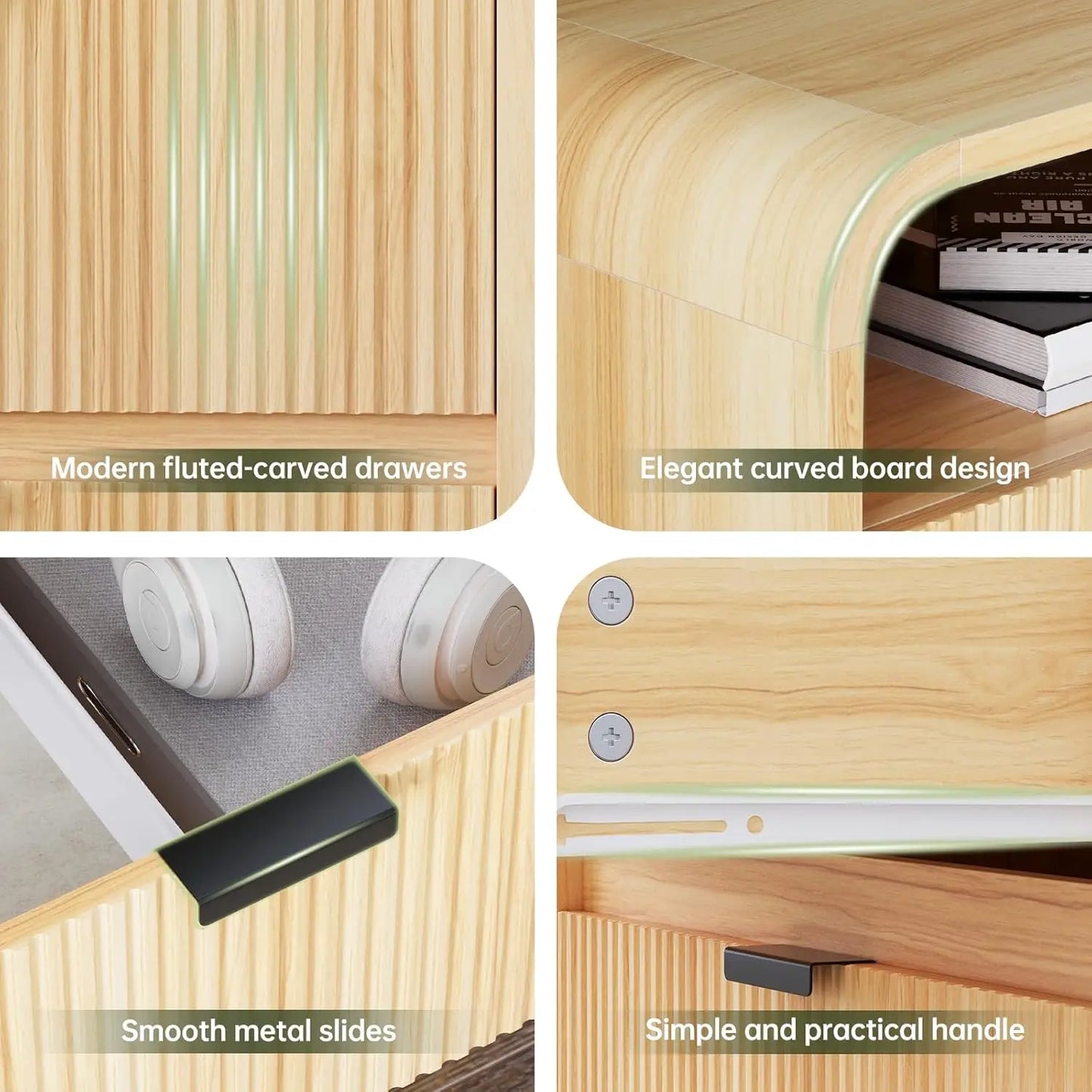 24 Inch Fluted Nightstand with Charging Station and 2 Drawers