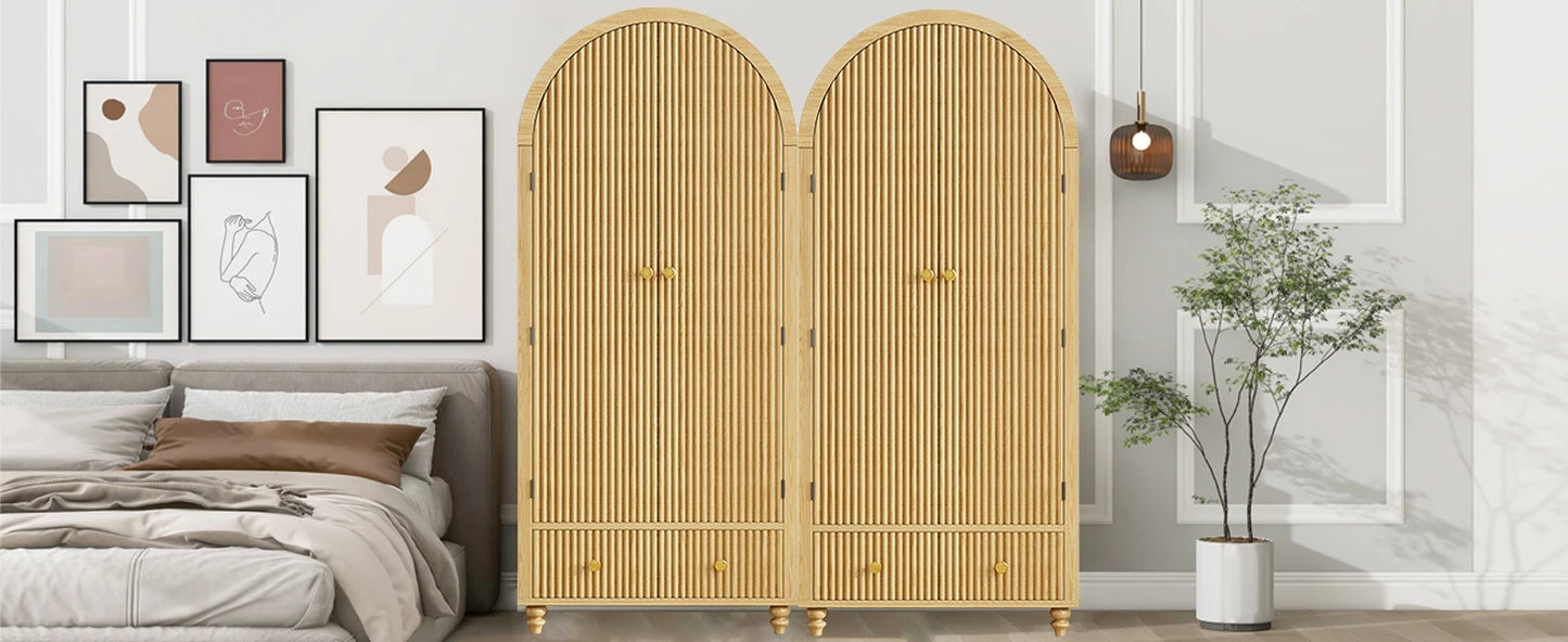 Modern Arched Wooden Storage Cabinet with Fluted Doors and Gold Knobs