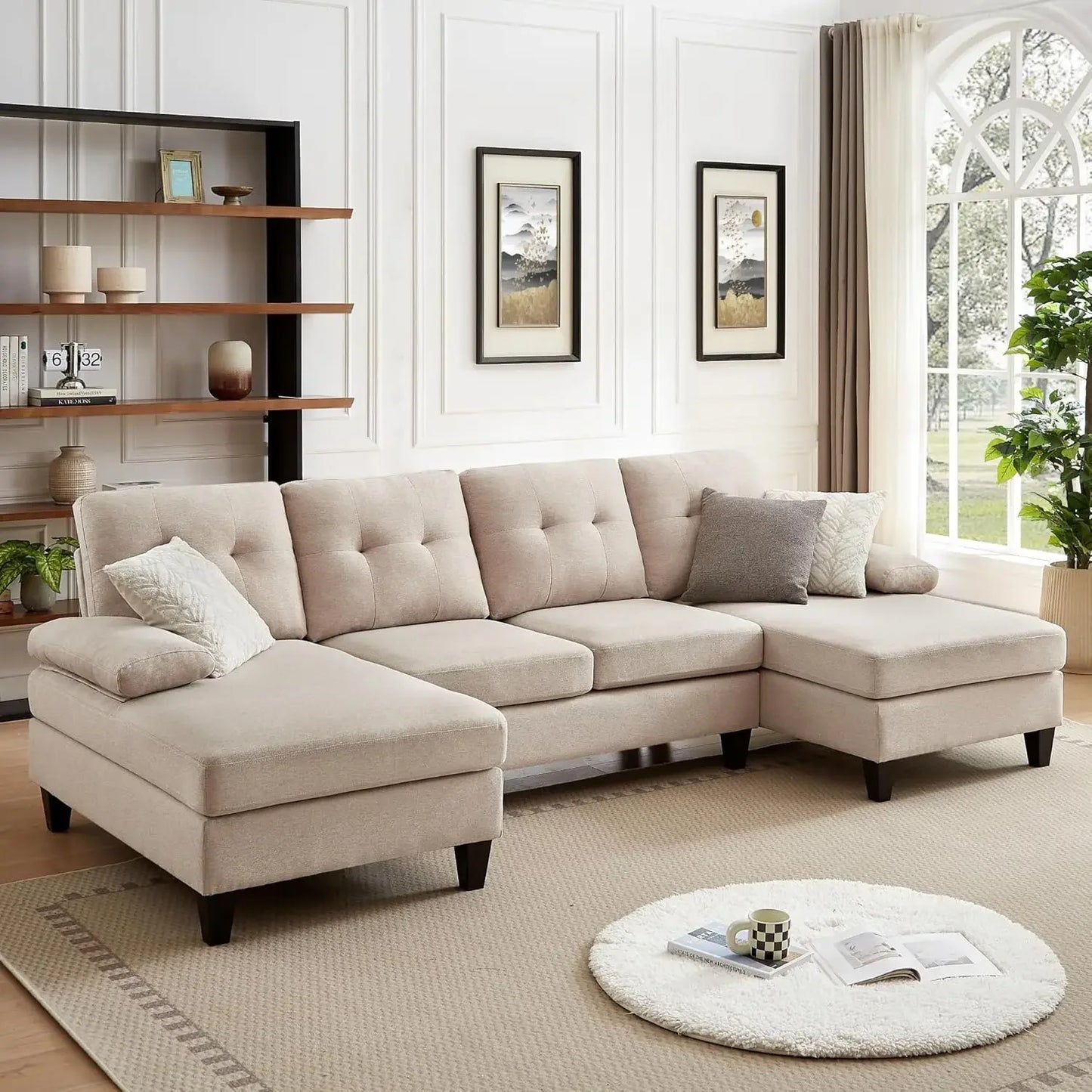 Modern U-Shaped Sectional Couch Polyester 4-Seater Double Chaise