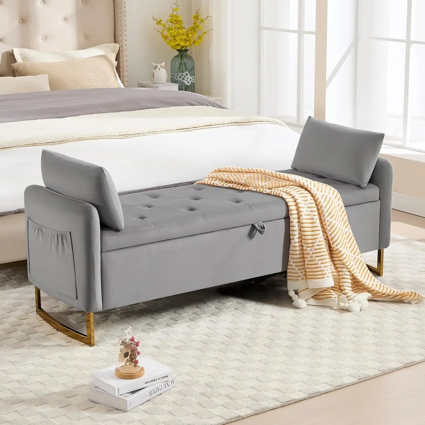 65 Inch Storage Ottoman Bench Tufted Upholstered End of Bed Furniture